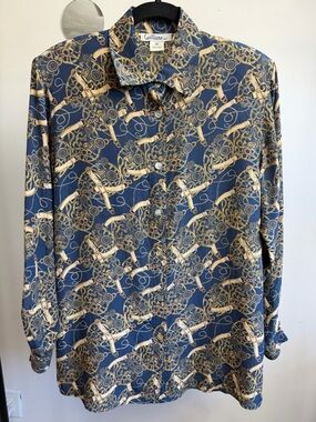 Galliano Navy & Beige Chain Motif Long-Sleeve Button-Up Shirt 100%SILK